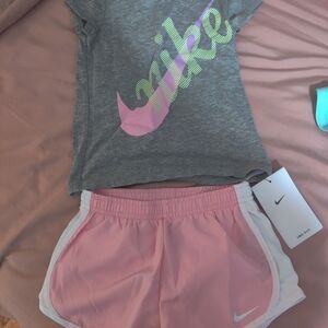 Nike Girls Grey Tee with Pink & Lime Logo and Pink Athletic Shorts